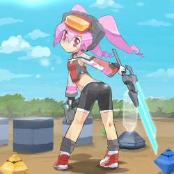 Rule 34 | 1girl, alfa system, bad id, bad pixiv id, bandages, bandaid, bandaid on face, bandaid on nose, bike shorts, child, crate, energy sword, energy weapon, forest, from behind, gloves, gun, handgun, headset, highres, kneepits, long hair, looking back, midriff, mizorogi shougo, nature, phantasy star, phantasy star portable, phantasy star portable 2, pink eyes, pink hair, science fiction, socks, solo, standing, sweat, sword, torso, twintails, weapon