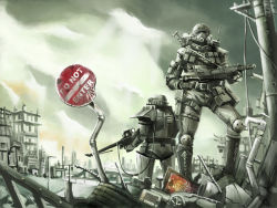 Rule 34 | 2boys, armor, assault rifle, brotherhood of steel, bullet hole, cloud, cola, collateral damage, debris, fallout (series), fallout 3, grey theme, gun, helmet, multiple boys, no entry sign, nuka cola, power armor, power lines, radio, rifle, road sign, ruins, scenery, sign, sniper, sniper rifle, soda, vault boy, weapon, yana yana