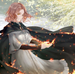 Rule 34 | 1girl, arukas, brown hair, burning, burning clothes, cape, commentary, dress, elden ring, english commentary, erdtree (elden ring), fire, floating hair, forehead, green cape, grey dress, hood, hood down, hooded cape, looking away, melina (elden ring), one eye closed, outdoors, short hair, smile, solo, wavy hair, yellow eyes