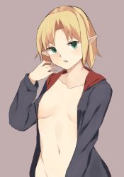 Rule 34 | 1girl, alternate costume, blonde hair, breasts, brown background, commentary request, cookie (touhou), green eyes, highres, hood, hoodie, joker (cookie), looking at viewer, medium breasts, mizuhashi parsee, naked hoodie, open mouth, out-of-frame censoring, parted bangs, pointy ears, rizeass, short hair, simple background, solo, touhou