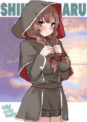 1girl absurdres ahoge belt black_capelet black_dress blush braid breasts brown_belt brown_eyes brown_hair capelet character_name cloud cloudy_sky cowboy_shot dress embarrassed hair_ribbon highres hood hood_up hooded_capelet kantai_collection kitahama_(siroimakeinu831) large_breasts long_hair long_sleeves looking_at_viewer pleated_dress red_ribbon ribbon shinshuu_maru_(kancolle) sky solo twin_braids