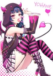 Rule 34 | 1girl, belt boots, black bow, black bowtie, black footwear, black vest, blue hair, boots, bow, bowtie, candy, chain, character name, deadnooodles, demon hood, demon horns, demon tail, demon wings, detached sleeves, elbow on knee, facial mark, food, from side, garter straps, glint, gold chain, halftone, halftone background, heart, heart-shaped lollipop, high heel boots, high heels, highres, holding, holding candy, holding food, holding lollipop, hood, hood up, hooded vest, hoodie, horns, knees up, lace, lace-trimmed legwear, lace trim, licking, lollipop, long hair, looking at viewer, love live!, love live! school idol festival, love live! school idol festival all stars, love live! sunshine!!, miniskirt, nail polish, pink nails, pink thighhighs, plaid, plaid skirt, purple eyes, shaped lollipop, sitting, skirt, solo, star (symbol), striped clothes, striped thighhighs, tail, thighhighs, tsushima yoshiko, vest, white skirt, wings