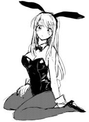Rule 34 | 1girl, animal ears, arms at sides, black footwear, black leotard, black pantyhose, blush, breasts, cleavage, expressionless, fake animal ears, fingernails, full body, fullmetal alchemist, greyscale, leotard, long hair, looking away, medium breasts, monochrome, pantyhose, playboy bunny, rabbit ears, rabbit tail, seiza, simple background, sitting, solo, tail, tsukuda0310, white background, winry rockbell, wrist cuffs