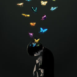 Rule 34 | 1boy, avogado6, black eyes, black hair, black jacket, blue butterfly, bug, butterfly, colored skin, from side, holding, holding paper, bug, jacket, long sleeves, looking down, male focus, orange butterfly, original, paper, profile, purple butterfly, solo, spot color, white skin, yellow butterfly