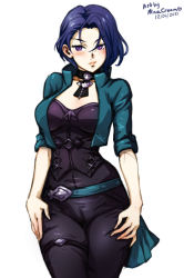 Rule 34 | 1girl, artist name, belt, black pants, blue hair, bodice, breasts, choker, cleavage, collarbone, corset, dated, fire emblem, fire emblem: three houses, green jacket, hair behind ear, hair between eyes, hand on own hip, jacket, large breasts, looking at viewer, medium breasts, mina cream, nintendo, open clothes, open jacket, pants, purple eyes, shamir nevrand, short hair, short sleeves, simple background, solo, white background