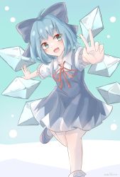 Rule 34 | 1girl, absurdres, ahoge, aqua background, artist name, blue bow, blue dress, blue eyes, blue hair, bow, cirno, commentary request, dress, eyes visible through hair, flat chest, foot out of frame, foreshortening, gradient background, hair bow, highres, ice, ice wings, knees together feet apart, kotatsune, looking to the side, neck ribbon, outstretched arm, puffy short sleeves, puffy sleeves, red ribbon, ribbon, shirt, short sleeves, simple background, solo, touhou, v, white shirt, wings