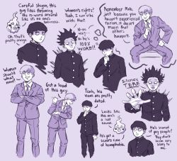 Rule 34 | 2boys, angie m, blank eyes, blush stickers, bowl cut, collared shirt, commentary, ekubo (mob psycho 100), english commentary, english text, formal, gakuran, grin, hand on own chin, highres, jacket, kageyama shigeo, limited palette, male focus, mob psycho 100, multiple boys, outstretched hand, pants, pun, purple background, reigen arataka, school uniform, shirt, simple background, sitting, smile, spirit, suit, thought bubble, wing collar