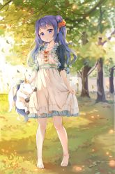Rule 34 | 1girl, :o, azur lane, barefoot, blurry, blurry background, blush, bow, breasts, collarbone, commentary request, contemporary, day, depth of field, dress, grass, hair bun, hair ribbon, head tilt, highres, holding, holding stuffed toy, long hair, looking at viewer, miazi, on grass, one side up, orange bow, orange ribbon, outdoors, parted lips, puffy short sleeves, puffy sleeves, purple eyes, purple hair, ribbon, short sleeves, side bun, single hair bun, single side bun, skirt hold, small breasts, solo, standing, stuffed animal, stuffed toy, stuffed winged unicorn, toenails, tree, unicorn (azur lane), very long hair, white dress