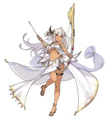Rule 34 | 1girl, absurdres, ahoge, bare shoulders, bow (weapon), breasts, dancing archer tinia, dark-skinned female, dark skin, full body, game cg, guardian tales, hair ornament, highres, holding, holding weapon, long hair, looking at viewer, navel, no bra, official art, open mouth, red eyes, smile, strapless, thighs, transparent background, underboob, weapon, white hair