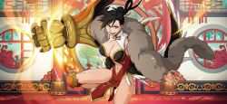Rule 34 | 1girl, bare legs, bare shoulders, black hair, bleach, bleach: brave souls, breasts, chinese clothes, cleavage cutout, clothing cutout, curvy, jumping, large breasts, lips, long hair, looking at viewer, navel, official art, open mouth, pelvic curtain, ponytail, prosthesis, shiba kuukaku, shiny skin, skin tight, smile, solo