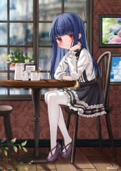 Rule 34 | 1girl, arm rest, black skirt, blue hair, blurry, blurry background, blush, chair, commentary, dot nose, eluthel, frilled skirt, frilled sleeves, frills, high heels, highres, idolmaster, idolmaster cinderella girls, indoors, jitome, long hair, long sleeves, looking at viewer, pantyhose, plant, potted plant, purple footwear, rain, red eyes, sajo yukimi, saucer, shirt, sidelocks, sitting, skirt, smile, solo, strappy heels, table, wallpaper (object), white pantyhose, white shirt, window, wooden floor