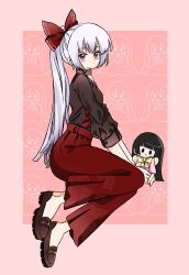Rule 34 | 1girl, adapted costume, black shirt, bow, brown footwear, character doll, closed mouth, commentary, doll, earrings, expressionless, from side, fujiwara no mokou, full body, gao wanwan, hair bow, highres, holding, holding doll, houraisan kaguya, jewelry, long hair, long sleeves, looking at viewer, pants, ponytail, red bow, red eyes, red pants, shirt, solo, suspenders, touhou, very long hair, white hair