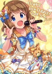 Rule 34 | 1girl, :d, ahoge, artist name, blue eyes, blue ribbon, bracelet, breasts, brown hair, buttons, collared dress, cowboy shot, dated, dot nose, dress, eyelashes, frilled dress, frills, hair ribbon, happy birthday, holding, holding microphone, idolmaster, idolmaster million live!, idolmaster million live! theater days, ima (lm ew), jewelry, looking at viewer, microphone, official alternate costume, open mouth, ribbon, short hair, short sleeves, sidelocks, small breasts, smile, solo, sparkle, star ornament, suou momoko, teddy bear ornament, wavy hair, yellow dress