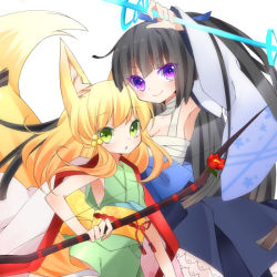 Rule 34 | 2girls, animal ears, armpits, bad id, bad pixiv id, black hair, blonde hair, bow (weapon), colored eyelashes, detached sleeves, fox ears, fox tail, gradient hair, green eyes, hair ornament, japanese clothes, long hair, looking at viewer, multicolored hair, multiple girls, official art, orange hair, otome tensei grimoire den, purple eyes, sarashi, smile, sword, tail, toma tokage, weapon, wide sleeves