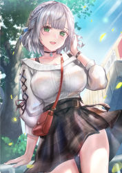 Rule 34 | 1girl, :d, alternate costume, arm support, bag, belt, black choker, blue sky, blush, bra strap, bra visible through clothes, bracelet, braid, breasts, casual, choker, clothes lift, crown braid, day, green eyes, hair ribbon, handbag, himonoata, hololive, jewelry, large breasts, looking at viewer, miniskirt, open mouth, outdoors, plaid, plaid skirt, ribbon, see-through, shirogane noel, shirogane noel (casual), short hair, silver hair, skirt, skirt lift, sky, smile, solo, sweater, thighs, tree, virtual youtuber, white sweater