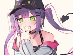 Rule 34 | 1girl, barbell piercing, baseball cap, beige background, bibi (tokoyami towa), black hat, breasts, choker, cleavage, demon tail, ear bar, ear piercing, earrings, fake horns, fingers to mouth, green eyes, green nails, grin, hair ornament, hairclip, hand up, hat, hat piercing, hololive, hoop earrings, horned headwear, horns, industrial piercing, jewelry, lips, looking at viewer, multicolored nails, nail polish, o-ring, o-ring choker, off-shoulder jacket, off shoulder, parted lips, piercing, pointy ears, purple hair, purple nails, revision, seramikku, sidelocks, simple background, small breasts, smile, solo, spaghetti strap, stud earrings, tail, tail ornament, tail piercing, tokoyami towa, tsurime, twintails, upper body, virtual youtuber