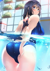Rule 34 | 1girl, :t, absurdres, adjusting clothes, adjusting swimsuit, air bubble, ass, back cutout, backless outfit, bad id, bad pixiv id, bare arms, bare legs, blue eyes, blue one-piece swimsuit, blush, breasts, bubble, caustics, closed eyes, clothes pull, clothing cutout, competition swimsuit, cowboy shot, day, embarrassed, flower pot, from behind, hand up, highres, indoors, large breasts, leg up, legs together, light rays, long hair, looking at viewer, looking back, moe2017, okamen, one-piece swimsuit, one-piece swimsuit pull, original, partially submerged, partially underwater shot, plant, pool, potted plant, pout, pouty lips, pulling own clothes, purple hair, revision, shiny clothes, skin tight, solo, standing, standing on one leg, sunbeam, sunlight, swimsuit, thigh gap, thighs, underwater, water, wet, wet clothes, wet hair, wet swimsuit