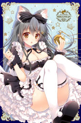Rule 34 | 1girl, alternate costume, animal ears, artist name, ass, black bow, black footwear, black hair, black ribbon, bow, breasts, cat ears, cleavage, convenient leg, cuffs, enmaided, frilled thighhighs, frills, hair bow, hair ornament, hairclip, haruna (kancolle), kantai collection, large breasts, long hair, looking at viewer, maid, neck ribbon, orange eyes, pocket watch, ribbon, shigunyan, shoes, solo, thighhighs, watch, white thighhighs