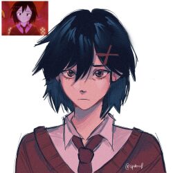 Rule 34 | 1girl, artist name, black hair, brown eyes, close-up, closed mouth, commentary, depressed, dress shirt, english commentary, frown, hair ornament, hair strand, highres, light frown, long bangs, looking at viewer, marvel, necktie, peni parker, profile, raised eyebrows, red necktie, red sweater, reference inset, school uniform, shirt, sketch, spider-man: across the spider-verse, spider-man (series), spider-verse, spidercvlt, sweater, twitter username, white shirt, x hair ornament