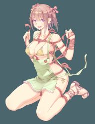 Rule 34 | 1girl, :d, apron, armpits, bare shoulders, bikini, blunt bangs, breasts, brown hair, fingernails, full body, green background, hair ribbon, hands up, large breasts, looking at viewer, no socks, open mouth, original, purple eyes, ribbon, sandals, shibari, short hair, simple background, sitting, smile, solo, swimsuit, toenails, twintails, uniskie, yellow bikini
