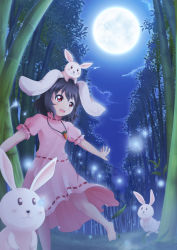 Rule 34 | 1girl, :d, animal, animal ears, animal on head, bamboo, bamboo forest, barefoot, black hair, carrot necklace, dress, forest, full moon, highres, inaba tewi, jewelry, moon, nature, necklace, night, night sky, on head, open mouth, pendant, pink dress, puffy short sleeves, puffy sleeves, rabbit, rabbit ears, red eyes, ribbon-trimmed clothes, ribbon trim, short hair, short sleeves, sky, smile, touhou, yasume yukito