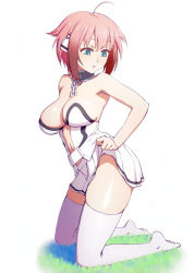 Rule 34 | 1girl, ahoge, bare shoulders, breasts, center opening, chain, collar, gradient hair, green eyes, highres, ikaros, kneeling, large breasts, lifting own clothes, long hair, looking back, miniskirt, multicolored hair, no panties, pink hair, pleated skirt, revealing clothes, shirt, short hair, skirt, sora no otoshimono, strapless, strapless shirt, thighhighs, thighs, white skirt, white thighhighs, wings, zettai ryouiki, zoryc