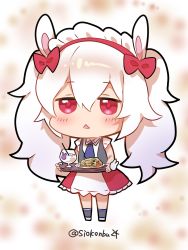 Rule 34 | 1girl, :&lt;, animal ears, azur lane, blue necktie, blurry, blurry background, blush, bow, chibi, collared shirt, depth of field, food, frilled skirt, frills, full body, gradient hair, grey socks, grey vest, hair bow, highres, holding, holding tray, karinto yamada, kneehighs, laffey (azur lane), long hair, maid headdress, multicolored hair, necktie, parted lips, plate, purple hair, rabbit ears, red bow, red eyes, red skirt, shirt, skirt, sleeveless, sleeveless shirt, socks, solo, standing, tray, triangle mouth, twintails, twitter username, vest, white hair, white shirt
