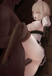 Rule 34 | 1girl, alternate costume, anus, arms behind back, artist name, black footwear, blonde hair, bound, breasts, brown thighhighs, dark-skinned male, dark skin, dress, enmaided, fate/grand order, fate (series), frilled dress, frills, from side, head out of frame, hetero, high heels, highres, jeanne d&#039;arc (fate), jeanne d&#039;arc alter (avenger) (fate), jeanne d&#039;arc alter (fate), maid, maid headdress, medium breasts, nipples, o-ring, open mouth, pantyhose, penis, puffy short sleeves, puffy sleeves, pussy, raeenay, rape, restrained, sex, shoes, short dress, short hair, short sleeves, stone wall, thighhighs, tied up, uncensored, vaginal, wall, yellow eyes