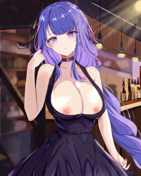 Rule 34 | 1girl, absurdres, alcohol, alternate costume, bar (place), bare arms, bare shoulders, bipup-hola, black choker, blunt bangs, blurry, blurry background, bottle, braid, breasts, breasts out, ceiling light, choker, cleavage, clothes pull, cocktail dress, collarbone, contemporary, counter, dress, earrings, genshin impact, hand up, highres, jewelry, large breasts, long hair, looking at viewer, low-braided long hair, low-tied long hair, mole, mole under eye, nail polish, nipples, parted lips, purple dress, purple eyes, purple hair, purple nails, raiden shogun, shelf, sidelocks, signature, solo, stairs, upper body, very long hair