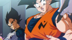 Rule 34 | 2boys, 2others, armor, black eyes, black hair, clenched teeth, commentary request, dougi, dragon ball, dragon ball super, furrowed brow, holding, holding marker, male focus, marker, multiple boys, multiple others, muscular, muscular male, rom (20), son goku, sweatdrop, teeth, vegeta, widow&#039;s peak