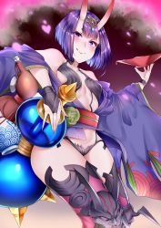 Rule 34 | 1girl, alcohol, armor, bare shoulders, blush, bob cut, breasts, bridal gauntlets, closed mouth, cup, eyeliner, fate/grand order, fate (series), gourd, greaves, headpiece, highres, hip focus, horns, japanese clothes, kimono, len (hand linke), looking at viewer, makeup, navel, obi, oni, open clothes, open kimono, petals, purple eyes, purple hair, purple kimono, purple legwear, revealing clothes, sakazuki, sake, sash, short eyebrows, short hair, shuten douji (fate), skin-covered horns, small breasts, smile, solo, thighs, wide sleeves