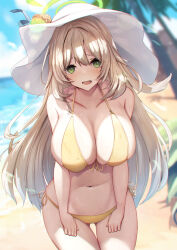Rule 34 | 1girl, :d, bare arms, bare shoulders, beach, bikini, blonde hair, blue archive, blurry, blurry background, blush, breasts, cleavage, collarbone, commentary request, green eyes, halo, hat, highres, large breasts, large hat, liya, long hair, looking at viewer, nonomi (blue archive), nonomi (swimsuit) (blue archive), ocean, open mouth, outdoors, partial commentary, side-tie bikini bottom, sideboob, smile, solo, swimsuit, thigh gap, thighs, water, white hat, yellow bikini