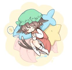 Rule 34 | 1girl, animal ears, brown hair, cat ears, cat tail, chen, commentary request, dress, earrings, fetal position, fish-shaped pillow, frilled dress, frills, green hat, hat, jewelry, long sleeves, m (m073111), mob cap, multiple tails, red dress, short hair, single earring, sleeping, socks, solo, spoken zzz, star-shaped pillow, tail, touhou, two tails, zzz