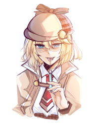 Rule 34 | 1girl, blonde hair, blue eyes, blush, brown capelet, capelet, cheschorv, closed mouth, commentary request, deerstalker, hair ornament, hat, highres, holding, holding syringe, hololive, hololive english, looking at viewer, mustache print, necktie, red necktie, shaded face, shirt, short hair, short necktie, simple background, smile, solo, syringe, tongue, tongue out, upper body, virtual youtuber, watson amelia, watson amelia (1st costume), white background, white shirt