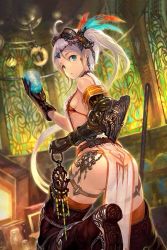Rule 34 | 10s, 1girl, ass, blue eyes, boots, breasts, chain chronicle, collar, earrings, feathers, garter straps, gauntlets, gloves, goggles, hair ornament, jewelry, lucia (chain chronicle), non-web source, pelvic curtain, see-through, side ponytail, sideboob, silver hair, small breasts, solo, thigh boots, thighhighs, yoshiku (oden-usagi)