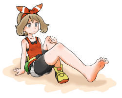 Rule 34 | 10s, 1girl, arm support, bad proportions, barefoot, bike shorts, blue eyes, brown hair, creatures (company), feet, full body, game freak, hair ribbon, highres, legs, may (pokemon), may (pokemon oras), nintendo, pokemon, pokemon oras, ribbon, shadow, shirt, shoes, short hair, shorts, single shoe, sitting, sleeveless, sleeveless shirt, sneakers, soles, solo, tank top, toes, white background