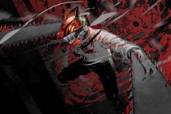 Rule 34 | 1boy, black necktie, black pants, blood, blood on clothes, bloody weapon, chainsaw, chainsaw man, collared shirt, debris, denji (chainsaw man), erotipop, glowing, glowing eyes, highres, hybrid, midair, monochrome, necktie, pants, red background, sharp teeth, shirt, solo, spot color, teeth, weapon, white shirt