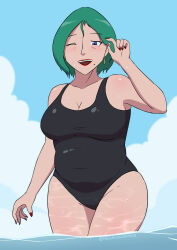 Rule 34 | 1girl, absurdres, blue eyes, breasts, day, green hair, highres, huge breasts, mature female, megagogoman, mole, one-piece swimsuit, partially submerged, pixiv id, pool, short hair, swimsuit, thick thighs, thighs