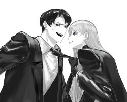 Rule 34 | 1boy, 1girl, angelica (project moon), black jacket, black sweater, blue eyes, blush, closed mouth, collared shirt, highres, husband and wife, jacket, library of ruina, long hair, long sleeves, looking to the side, necktie, necktie grab, neckwear grab, open mouth, orururuu, project moon, roland (project moon), shirt, simple background, smile, sweater, turtleneck, turtleneck sweater, upper body, very long hair, white background, white hair, white shirt