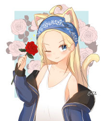 Rule 34 | 1girl, ;), ahoge, animal ear fluff, animal ears, bare shoulders, blonde hair, blue background, blue eyes, blue jacket, blush, cat ears, cat girl, cat tail, closed mouth, collarbone, commentary request, coreytaiyo, floral background, flower, forehead, highres, holding, holding flower, jacket, long hair, long sleeves, looking at viewer, off shoulder, one eye closed, open clothes, open jacket, original, puffy long sleeves, puffy sleeves, red flower, red rose, rose, sleeves past wrists, smile, solo, sparkle, tail, tail raised, tank top, two-tone background, upper body, valentine, white background, white tank top