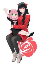 Rule 34 | 2girls, alternate hairstyle, anya (spy x family), arm up, black dress, black footwear, black hair, black pantyhose, blush, boots, bow, child, closed mouth, commentary request, dress, flower, full body, green eyes, hairpods, high heel boots, high heels, highres, long hair, long sleeves, looking at viewer, mother and daughter, multiple girls, off-shoulder sweater, off shoulder, open hand, open mouth, pantyhose, pink bow, pink hair, red eyes, red flower, red rose, red sweater, rose, shoes, sidelocks, sitting, sitting on lap, sitting on person, smile, spy x family, sweatdrop, sweater, teeth, tyaaaaaaba, upper teeth only, wavy hair, white background, yor briar