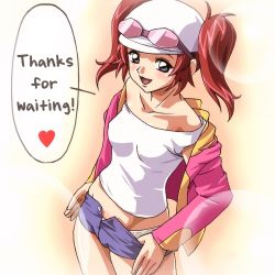 Rule 34 | 00s, 1girl, blue theme, blush, casual, clothes pull, destiny, gundam, gundam seed, gundam seed destiny, haruyama kazunori, hat, lowres, meyrin hawke, open fly, panties, purple eyes, red hair, seed, shorts, shorts pull, smile, solo, sunglasses, swimsuit, text focus, translated, twintails, underwear, undressing, unzipped, white panties