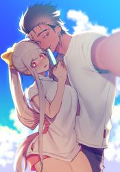 Rule 34 | 1boy, 1girl, arm around waist, backlighting, blurry, blush, bow, cloud, day, depth of field, dotsuco, earrings, food, foreshortening, grey hair, hair bow, half-closed eyes, highres, holding, holding food, jewelry, original, outdoors, ponytail, popsicle, red eyes, selfie, shirt, short shorts, shorts, sidelocks, t-shirt, yellow bow