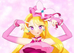Rule 34 | 1girl, absurdres, blonde hair, brooch, butterfly earrings, butterfly hat, commentary request, cure butterfly, earrings, highres, hijiri ageha, hirogaru sky! precure, hoshino ai&#039;s pose, jewelry, long hair, looking at viewer, magical girl, midriff, on kazu, oshi no ko, pink background, pink headwear, pose imitation, precure, purple eyes, smile, solo, star-shaped pupils, star (symbol), symbol-shaped pupils, upper body, very long hair, wing brooch, wing hair ornament
