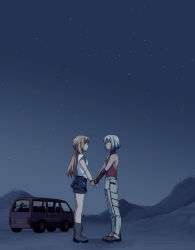 Rule 34 | 2girls, 428, ahoge, androgynous, bare shoulders, blonde hair, blush, boots, brown eyes, canaan (character), canaan (series), car, chunsoft, eye contact, holding hands, jewelry, long hair, looking at another, mori (unknown.), motor vehicle, multiple girls, night, oosawa maria, red eyes, reverse trap, short hair, sky, sleeveless, sleeveless turtleneck, turtleneck, van, vehicle, white hair