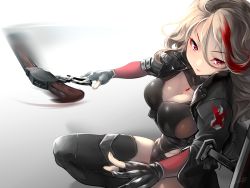 Rule 34 | 1girl, black gloves, black jacket, black leotard, black thighhighs, breasts, brown hair, cleavage, cleavage cutout, clothing cutout, exoskeleton, gem, girls&#039; frontline, gloves, gun, hair between eyes, jacket, jewelry, large breasts, leotard, lever action, long hair, looking at viewer, m1887 (girls&#039; frontline), motion blur, multicolored hair, partially fingerless gloves, pendant, red eyes, red gemstone, red hair, reloading, shield, shield module, shotgun, side cutout, signature, solo, streaked hair, thighhighs, usuki (graygreed), wavy hair, weapon, winchester model 1887