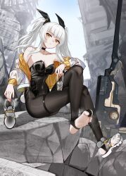 Rule 34 | 1girl, absurdres, between toes, cang se ye hua, closed mouth, cup, feet, food, hair ornament, highres, holding, holding cup, holding food, holding shoes, jacket, karenina (punishing: gray raven), legs, leotard, looking at viewer, medium hair, no shoes, pantyhose, playboy bunny, punishing: gray raven, rubble, see-through, shoes, single shoe, smoke, soles, solo, stirrup legwear, toe hold, toe scrunch, toeless legwear, toes, twintails, white hair, yellow eyes, yellow jacket