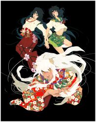 Rule 34 | 1boy, 2girls, animal ears, black background, black hair, clenched teeth, closed eyes, closed mouth, clothes lift, collared shirt, commentary, detached sleeves, dog ears, english commentary, feet out of frame, fingernails, floral print, frown, green sailor collar, green skirt, hakama, higurashi kagome, inuyasha, inuyasha (character), japanese clothes, jewelry, kikyou (inuyasha), kimono, kneehighs, leg up, long hair, long sleeves, looking at viewer, miko, miniskirt, multiple girls, navel, neckerchief, necklace, outstretched hand, pants, red hakama, red kimono, red neckerchief, red pants, sailor collar, sailor shirt, sharp fingernails, shirt, shirt lift, short sleeves, simple background, skirt, socks, stomach, striped collar, teeth, thick eyebrows, upper body, very long hair, wavy hair, white hair, white shirt, white sleeves, white socks, wide sleeves, yellow eyes, yutaan