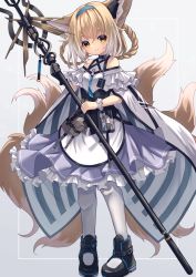 Rule 34 | 1girl, absurdres, animal ear fluff, animal ears, apron, arknights, bare shoulders, black footwear, black gloves, blonde hair, blue hairband, braid, braided hair rings, breasts, closed mouth, fox ears, fox girl, fox tail, frilled skirt, frills, gloves, grey background, hair between eyes, hair rings, hairband, head tilt, highres, hinata (user rjkt4745), holding, holding staff, kitsune, kyuubi, looking at viewer, multicolored hair, multiple tails, pantyhose, purple skirt, shirt, shoes, skirt, small breasts, smile, solo, staff, standing, suzuran (arknights), tail, twin braids, two-tone background, two-tone hair, waist apron, white apron, white background, white hair, white pantyhose, white shirt