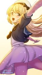 Rule 34 | 1girl, blonde hair, blue eyes, blue sailor collar, commentary request, cowboy shot, dress, from behind, gloves, hat, jervis (kancolle), kantai collection, katou techu, looking at viewer, looking back, one-hour drawing challenge, open mouth, outstretched arms, perspective, round teeth, sailor collar, sailor dress, sailor hat, short sleeves, smile, solo, teeth, twitter username, upper teeth only, white background, white dress, white gloves, white hat